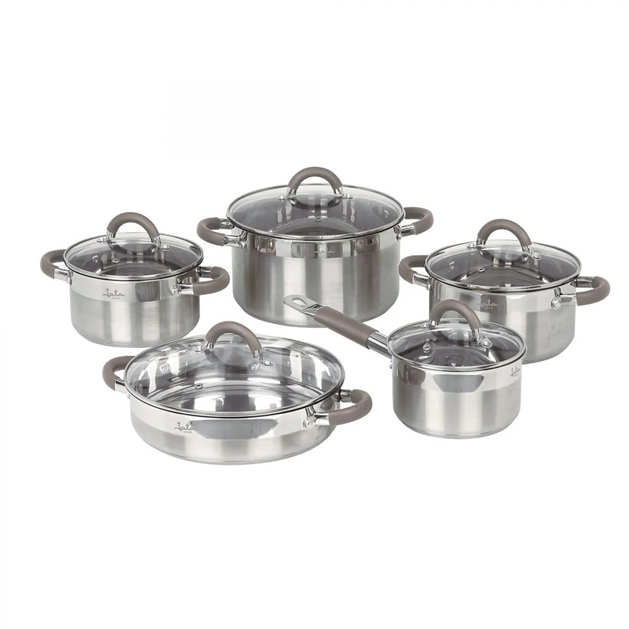 product image Jata Set Of 5 S/Steel Saucepans & Lids Casserole 26, H 6.5cm Good For Induction 
Casserole 24, H 13cm 
Casserole 20, H 11cm 
Casserole 18, H 10cm 
Saucepan 16, H 9cm
