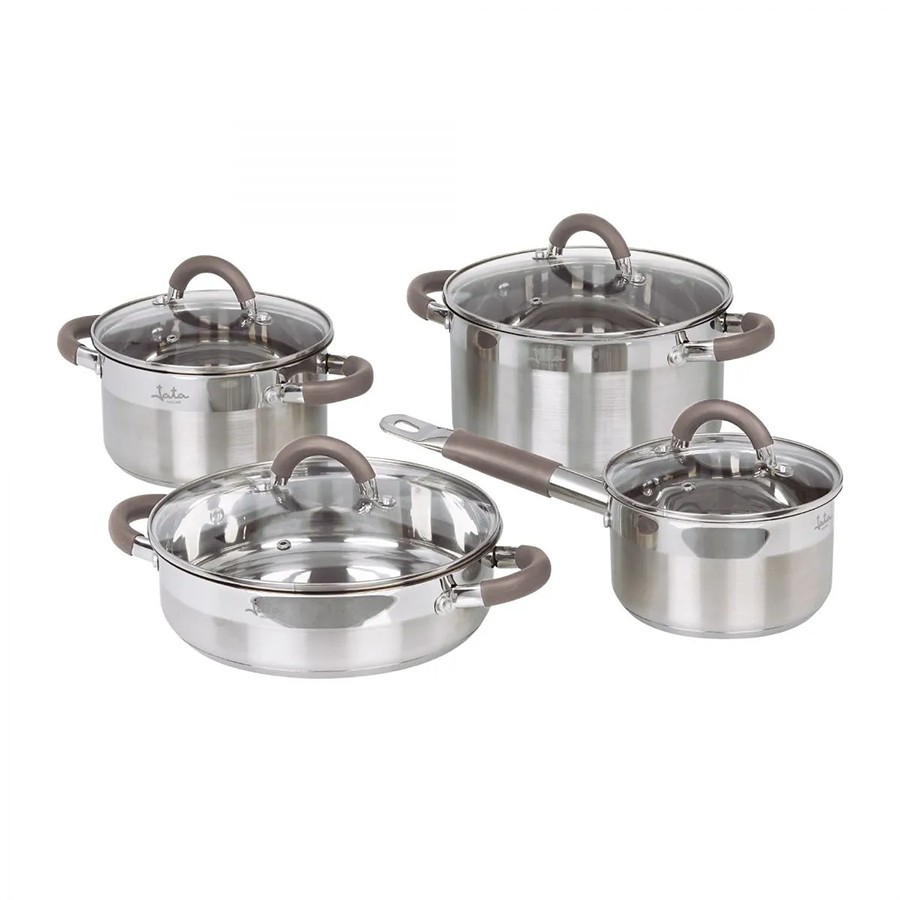 product image Jata 4 Pan S/Steel Set With Glass Lids Casserole 24, H 6.5cm Good For Induction 
Casserole 22, H 13cm 
Casserole 18, H 10cm 
Saucepan 16, H 9cm