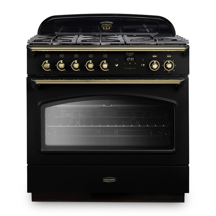 product image RangeMaster Class Cooker Dual /F FX 90cm Brass trim 
H 90.60 / 93.00 cm x W 90.00 cm x D 60.80 cm