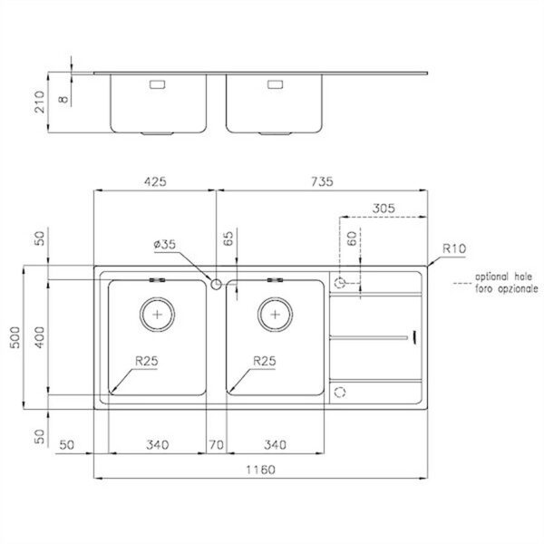 Foster Sink Evo Stndrd(8mm Edge) St/St 116 x 50 cm - Image 2